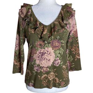 LAUREN Ralph Lauren 100% Cotton French Vintage Floral Ruffle Neck Top Sz PL